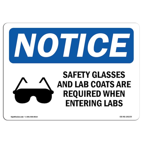 OSHA Sign, Safety Glasses And Lab Coats With Symbol, 18in X 12in Aluminum, 18" W, 12" H, Landscape